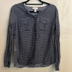 Loft Navy Blue and White Half Button Down Long Sleeve Striped Pattern Size S